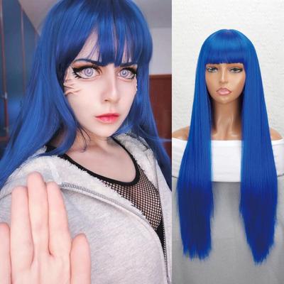 Long Straight Blue Wig with Bangs Synthetic Fiber Daily Wear Cosplay Black Brown Ombre Color Long Straight Wig