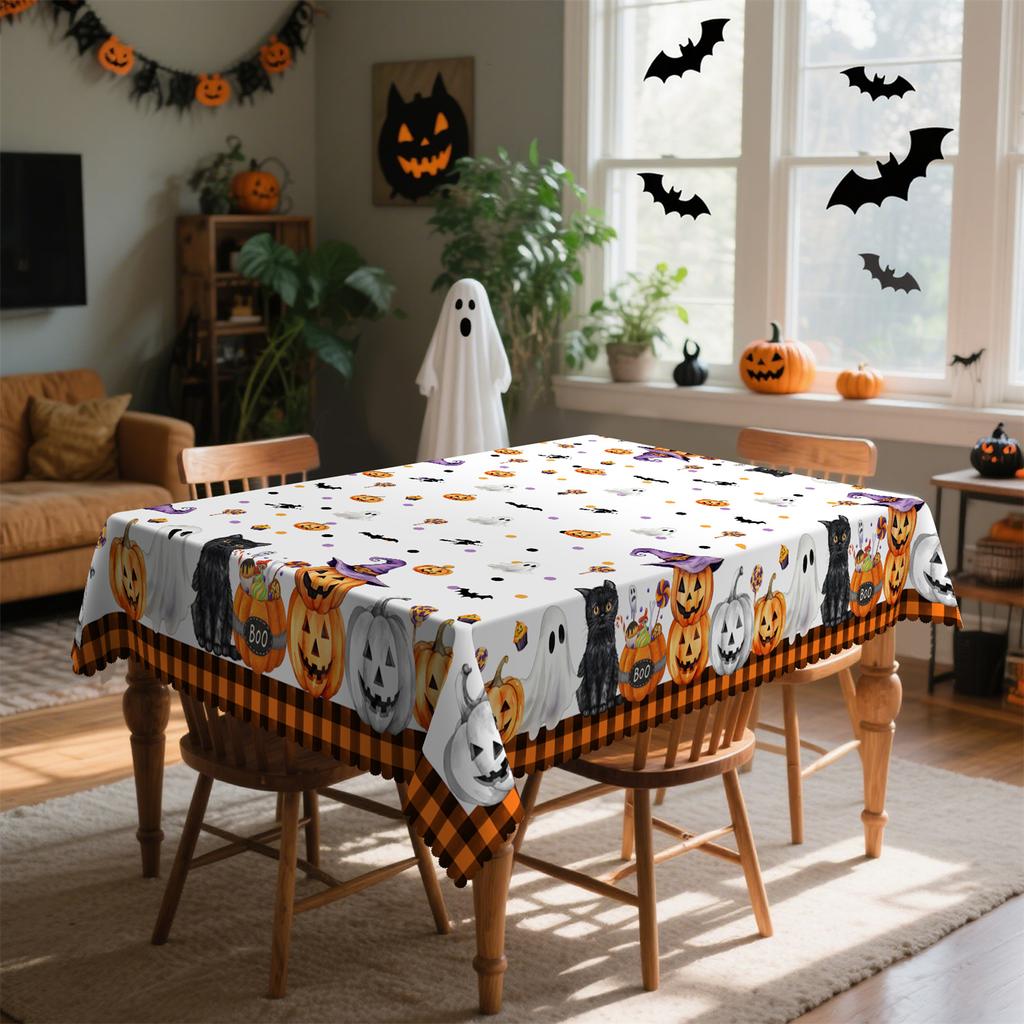 Buffalo Gobo Dot Pumpkin Cat Ghost Candy Halloween Tablecloth - 1 pack - Suitable for kitchen table, outdoor party decorationPMJ