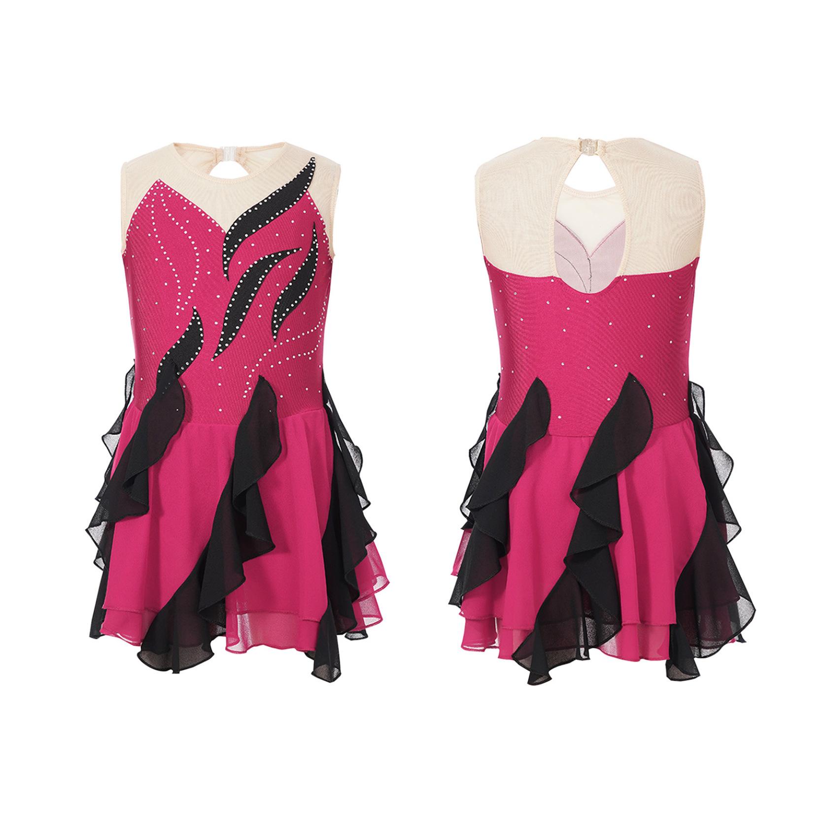 

Танцювальна сукня для фігурного катання без рукавів із замковою щілиною, блискучою оборкою для дівчаток, лірична танцювальна сукня без рукавів 9-10 Years гарячі рожевого кольору
