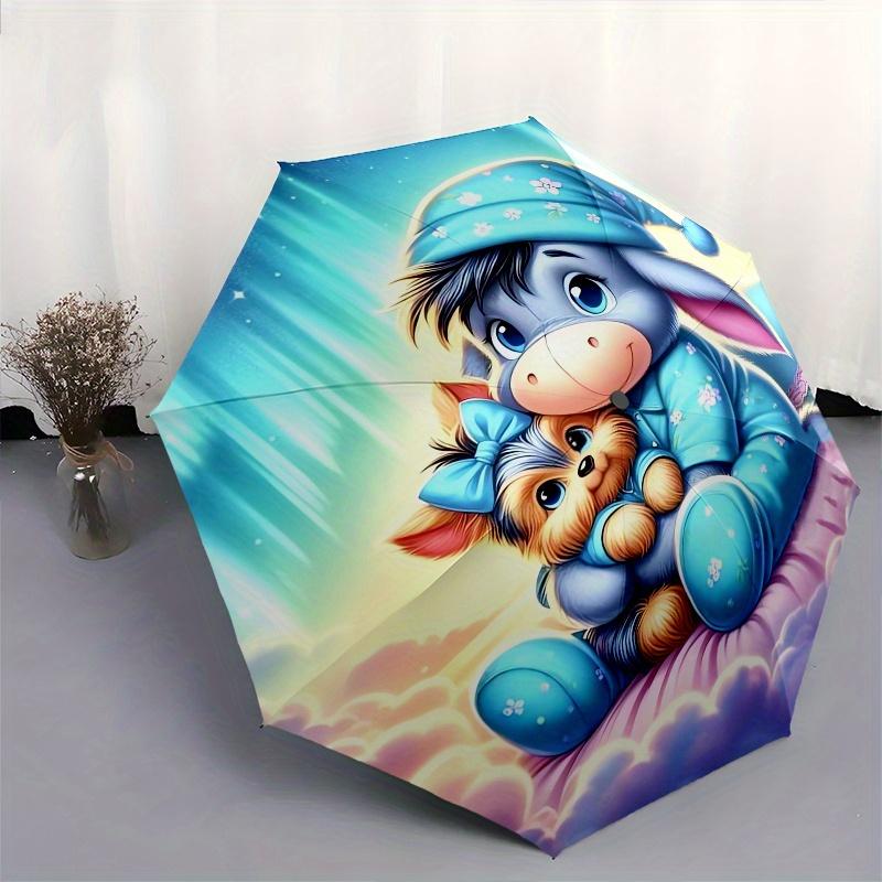 Eeyore Fully Automatic Themed Umbrella - 8 Ribs Durable Iron Frame, Tri-fold Compact Design, Perfect As a Gift, Travel Umbrella, Unisex, Com