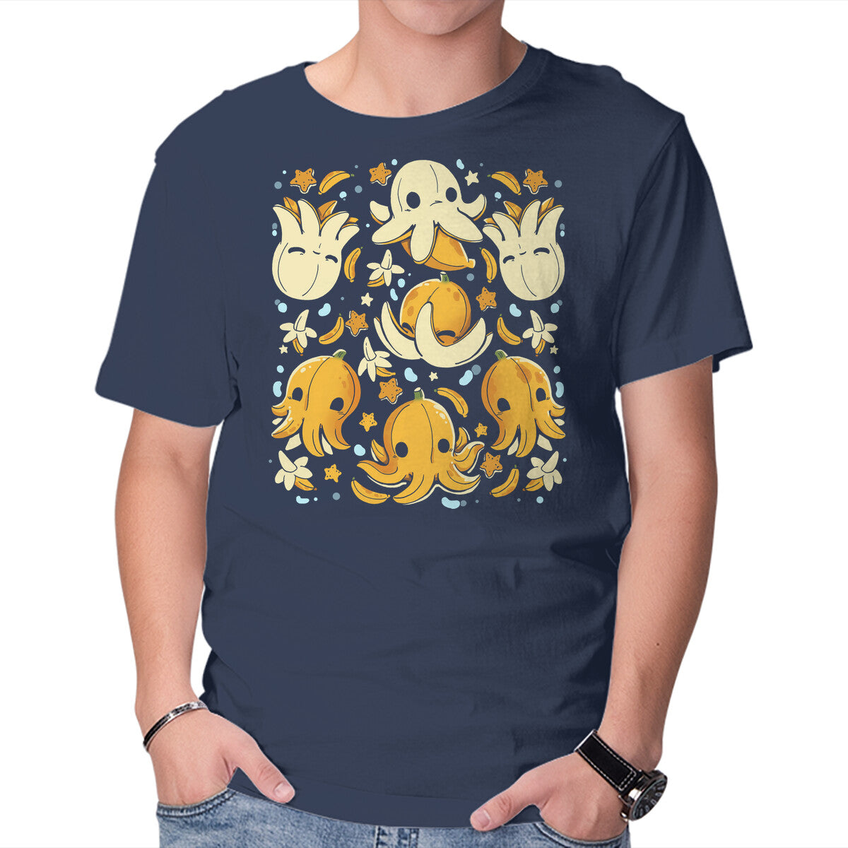Unisex Crew Neck T-Shirt Banana Octopus Graphic Short Sleeve Casual Tee M