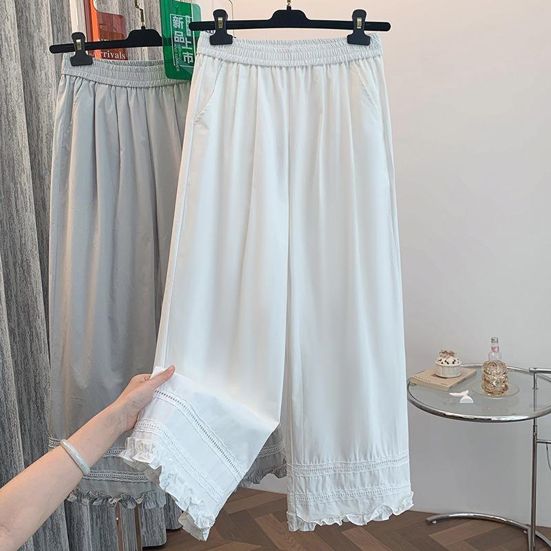 Real shot spring and summer new elastic waist lace hollowed out fungus edge wide leg pants loose straight nine-point pants women's clothing