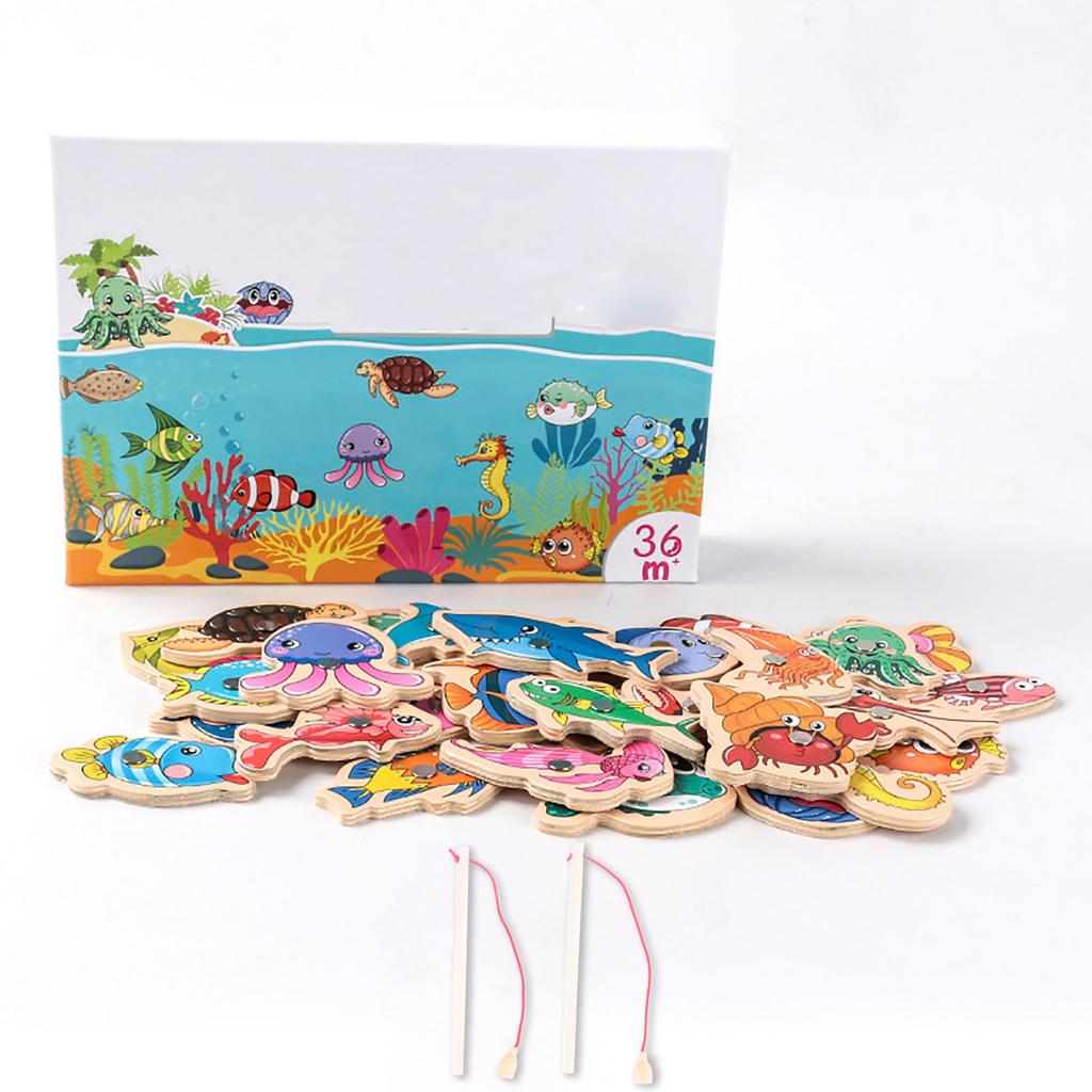 Wooden Magnetic Fishing Game Fine Motor Skill Magnet Fish Catching Counting Toy for Preschool