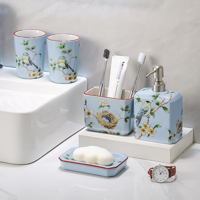 soap dispenser shampoo dispenser High temperature ice crack ceramic mouthwash cup lotion bottle set bathroom mouthwash cup