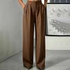 Women's High Waisted Straight Leg Dress Pants with Pockets, Elastic Waist Button Closure Loose Fit Trousers for & Casual Wear
