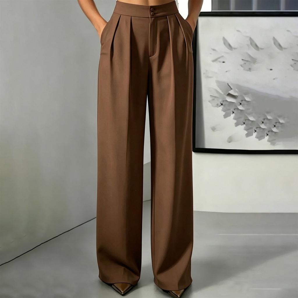Women's High Waisted Straight Leg Dress Pants with Pockets, Elastic Waist Button Closure Loose Fit Trousers for & Casual Wear
