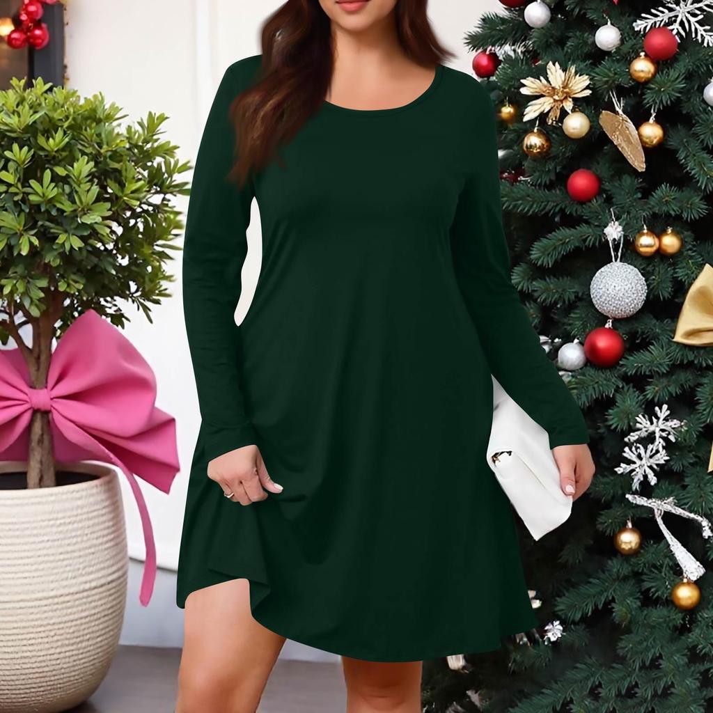 Plus Size Women's Solid-Colour Casual Dress Spring Pocket Round Neck Long-Sleeved Dress