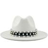 Autumn and Winter Luxury Woolen Top Hat Flat-brimmed Big Eave Hat Versatile Straight Edge Pearl Belt Jazz Hat CM