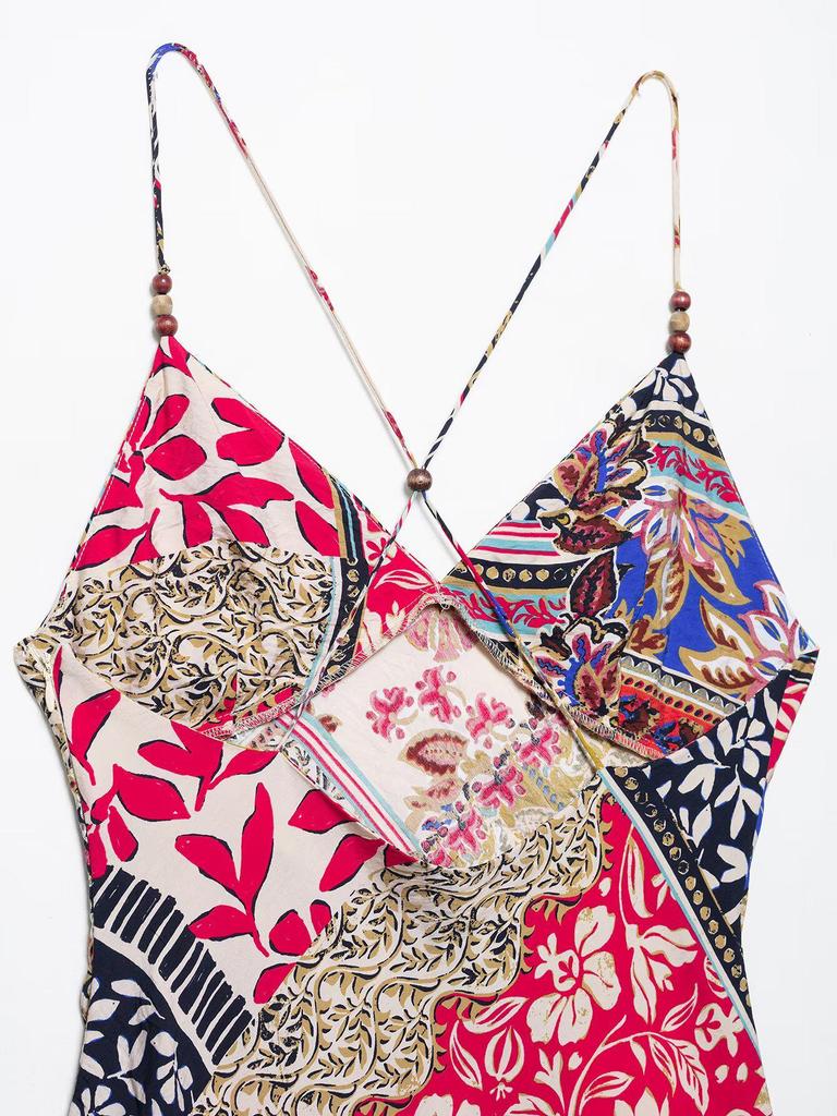 2025 Spring Women's Spaghetti Strap Print Midi Dress - European & American Style Fashion