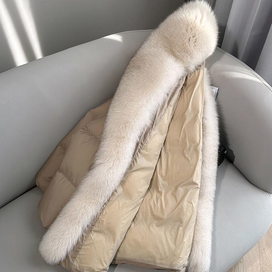 Faux Fox Fur Detachable Large Lapel Fur Down Jacket Women Winter Medium Long Loose White Goose Down Coats