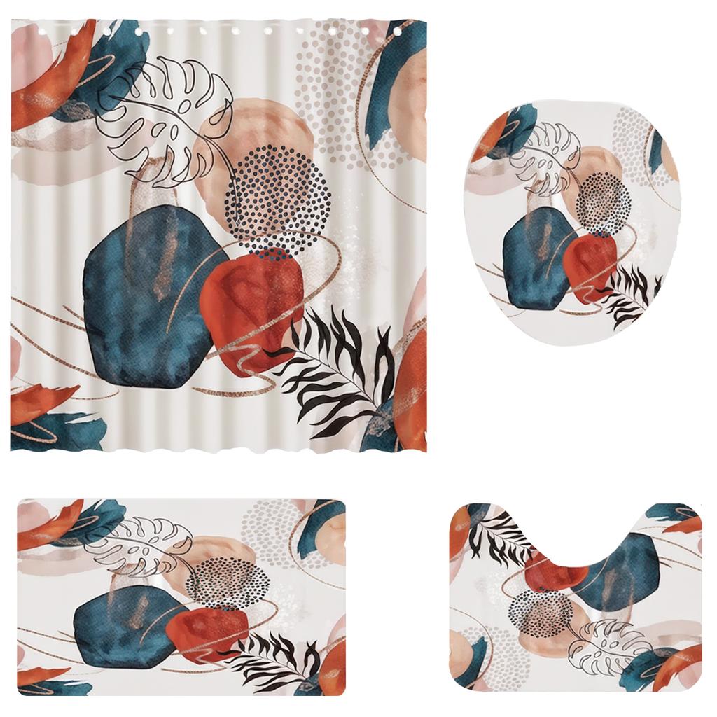 Shower Curtain Set Mid Century Curtains Bathroom Set Non-Slip Bohemian Style Set Decor Floor Rug Bath Mats Toilet Lid Cover