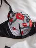 European & American Sexy Lingerie Set: Hot Red Lip Embroidered Mesh Satin Push-Up Bra with See-Through Panties