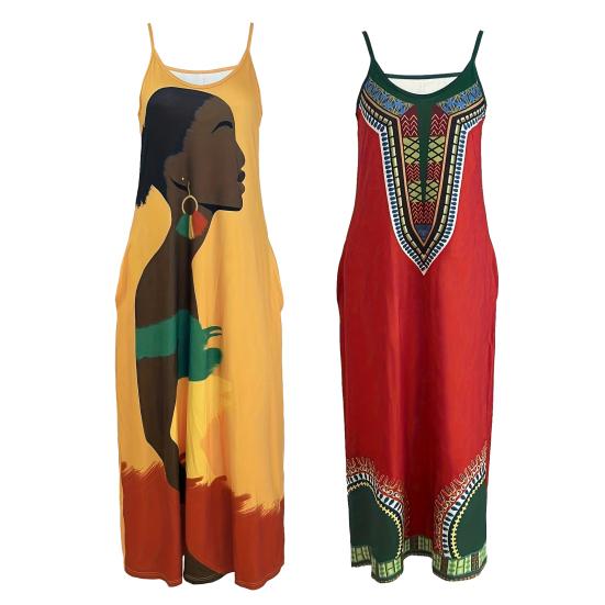 Sommer Damen Trägerkleid Retro Kontrastfarbe Bedruckt Übergroß V-Ausschnitt Ärmellos Rückenfrei Bohemian Stil A-Linie Knöchellang Urlaub Maxikleid