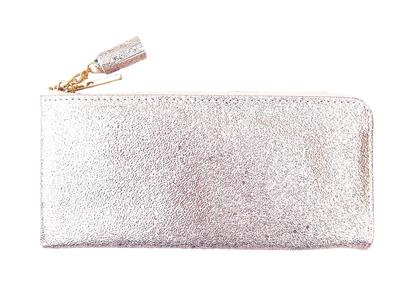 Cartera Larga Fina Brillante Metálica Falsa Linda Grande Cabe 15 Disponible en Rosa Dorado Rosa Mujer Cremallera en Forma de L, Diseño, Cuero, Diseño,