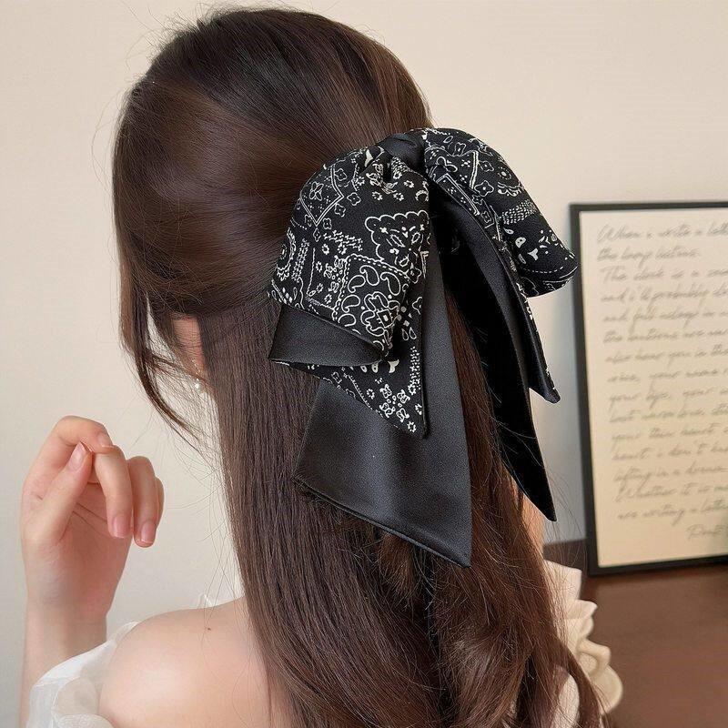 Elegant Vintage Bow Hair Claw Clip Ponytail Soft Drape Design Handmade Floral Print Accessory Women Black Floral Ponytail Claw Clip