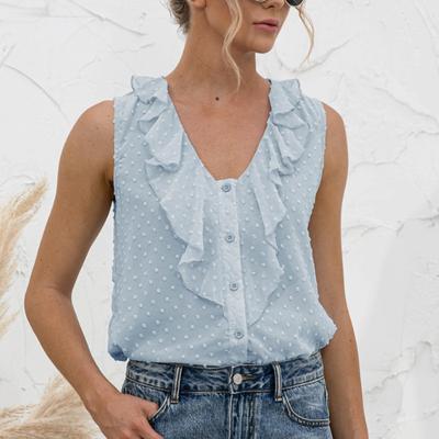Spring And Summer 2023 Sexy V-neck Sleeveless Sweet Ruffles Button Shirt Women Tops Camis Blouse Causal Clothes Blusas 25557