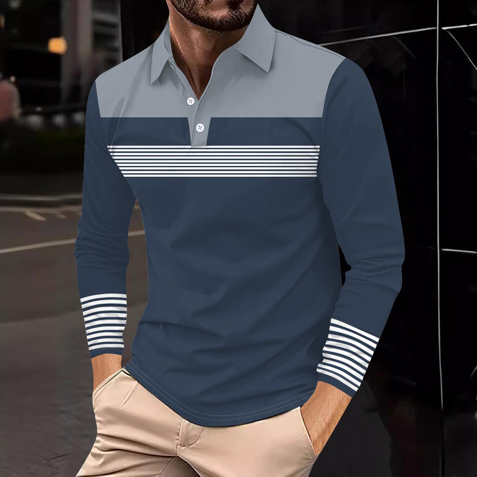

Мужская рубашка для гольфа, повседневная спортивная, с V-образным вырезом, ребристый воротник, с длинным рукавом, модная, повседневная, однотонная, однотонная, весна-лето, стандартная посадка S тёмно-синий