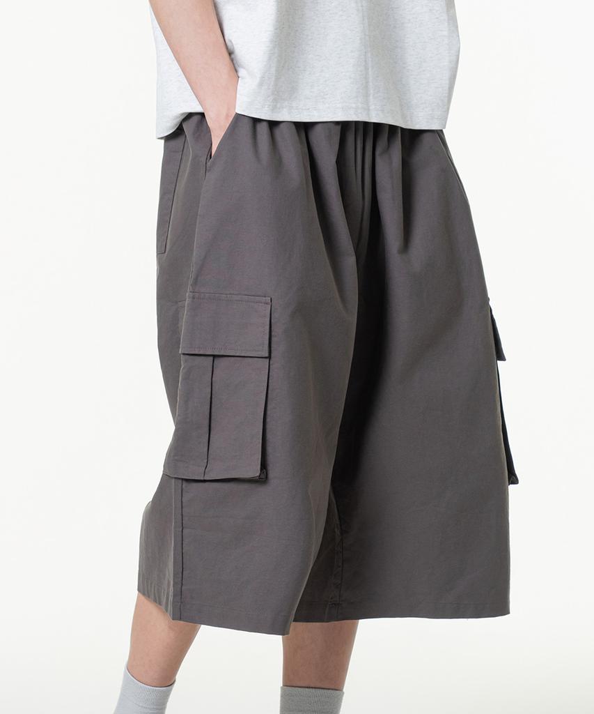 MOZMOZ Linen-Like Cargo Bermuda Wide Pants Charcoal