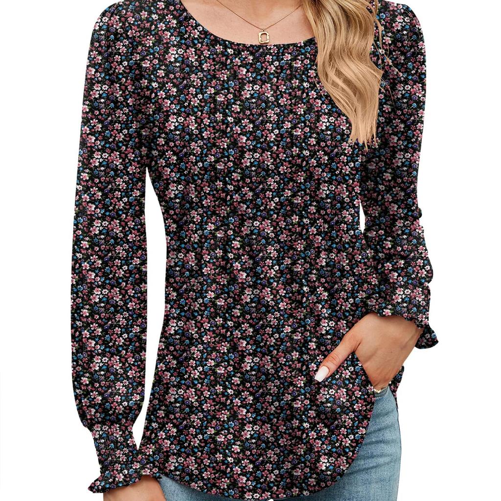 Women's Solid Color Casual Bubble Sleeves, Drawstring Round Neck Long Sleeved Top