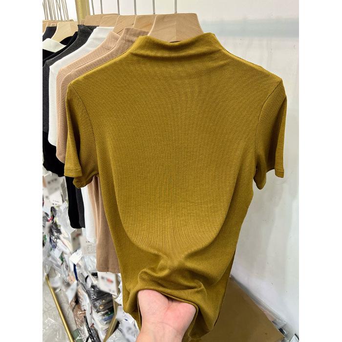 

Semi-turtleneck solid color threaded elastic soft waxy short-sleeved T-shirt women s summer 2025 new slim-fit knitted bottoming shirt XL