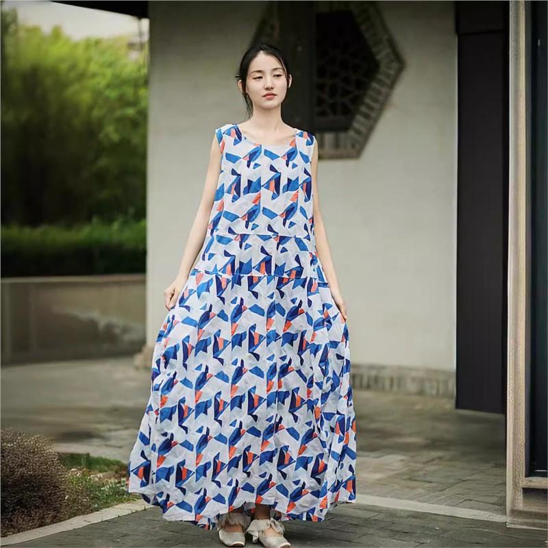 Johnature Women Vintage Sleeveless Dress O-Neck Jacquard Summer High Quality Female Dress
