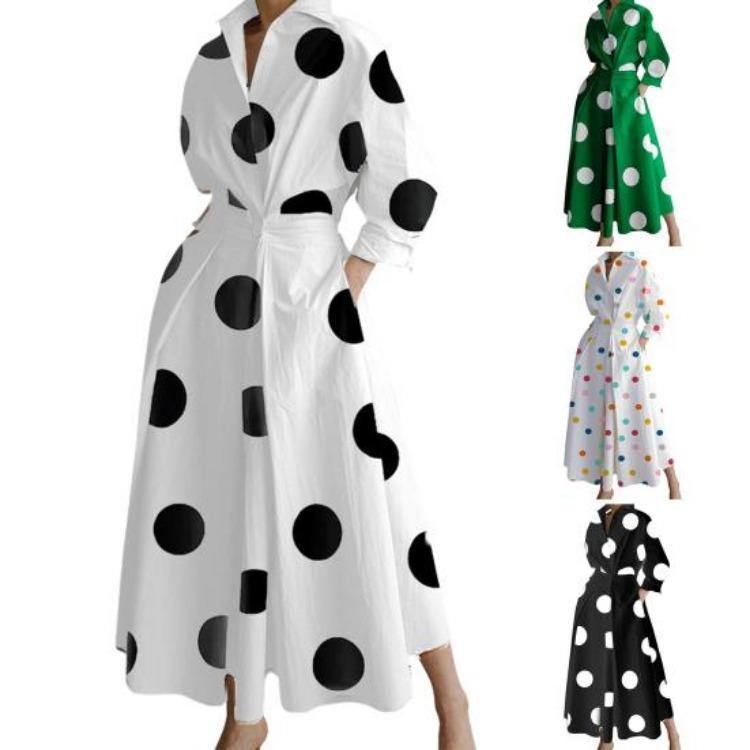 Boho Polka Dots Print Womens Wrap Shirt Dress Long Sleeve Maxi V Neck Swing Dress Lapel Collar Long Dress