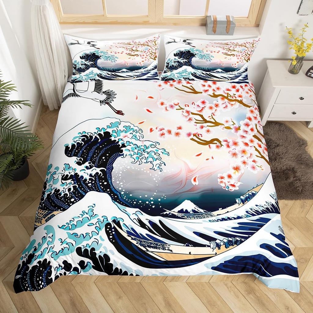 Feelyou Cherry Blossoms Bedding Set Chic Crane Duvet Cover for Kids Girls Women Ocean Wave Decor Comforter Cover Pink Japanese Ukiyoe Theme