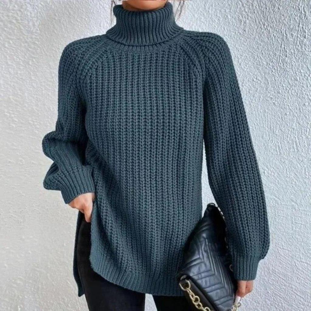 Autumn/Winter Soft Knitwear Fashion Raglan Long Sleeve Turtleneck Split Sweater Casual Warm Solid Mid-length Pullover