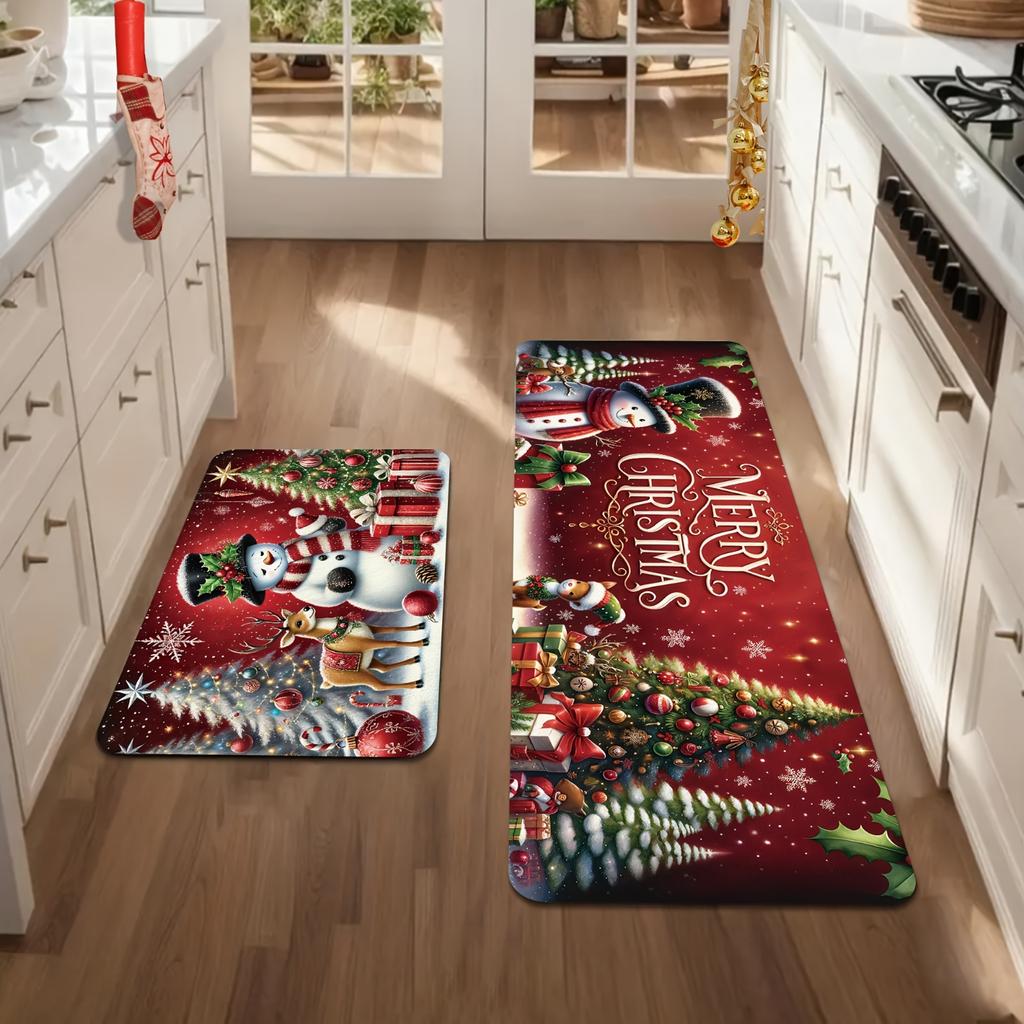 2Pcs Anti Fatigue Kitchen Rugs Christmas  Waterproof Non-Slip Thick Cushioned Kitchen Mat Heavy Duty Comfort Standing Mat for Kitchen