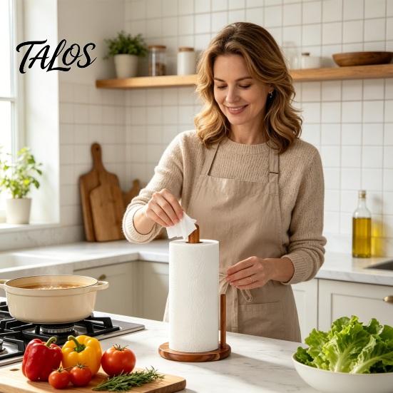 Talos Wooden Paper Towel Holder, One-Handed Operation Dispenser, Freestanding Countertop for Kitchen Bathroom
