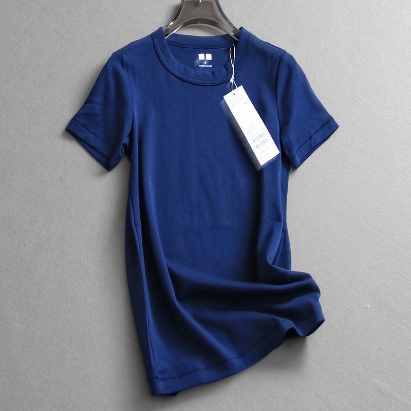 

13 Colors Basic Pure Cotton Slimming round Neck Simple and Versatile Shoulder Short sleeve Base Top Women T-shirt L284 Navy L