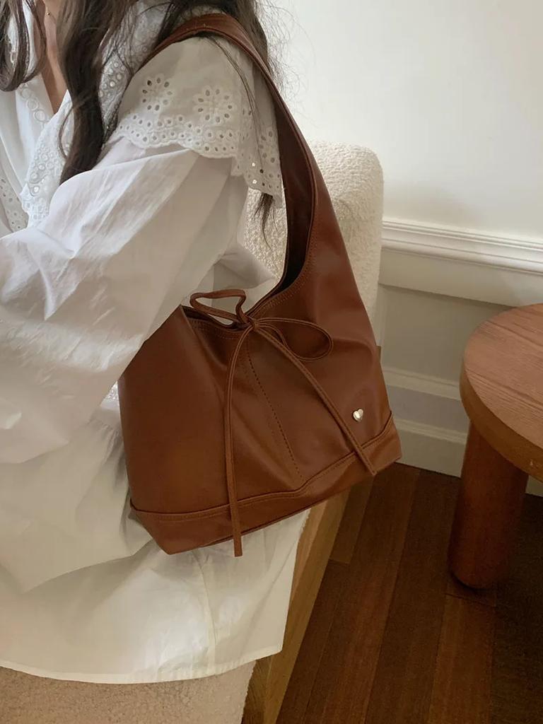 Soft PU Leather Women's Commuter Shoulder Bags Casual Bowknot Female Tote Underarm Bag Solid Color Ladies Handbags with Purse
