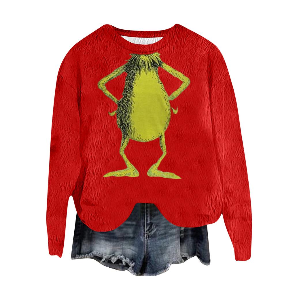 Women's Fashion Round Neck Pullover Top Long Sleeve Tee Christmas Printed Sweatshirt