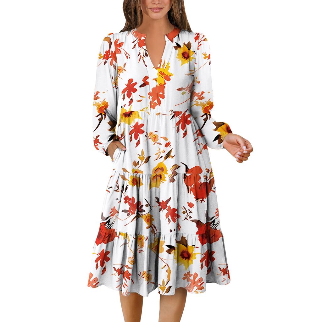 Women's V-Neck Flowing Layered Bohemian Long Sleeve Floral Print Dress