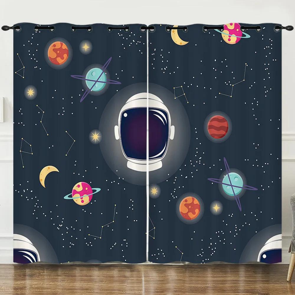 

Bedroom Living Room Space for Kids Boys Room Window Drapery Galaxy Outer Space Design Playroom Spaceman Planet Theme Spaceman Cartoon Style Drapes W50xH130(CM)x2pcs&Hook