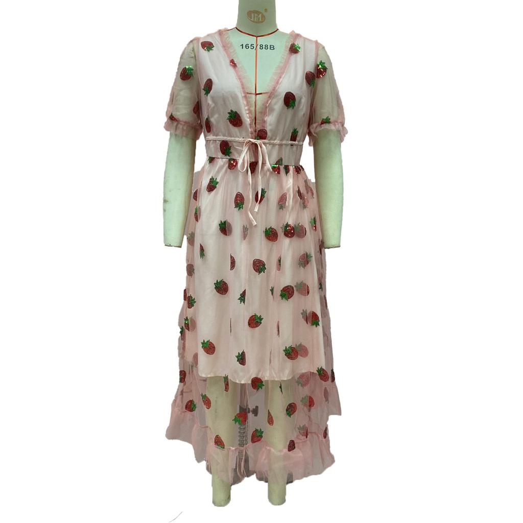 Damen Abendkleid mit Erdbeer-Pailletten-Verzierung, V-Ausschnitt Tüll Schnürung Langes Kleid, Elegantes Sexy A-Linien Ballkleid mit Fließendem Rock