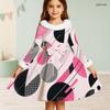 Girls Faux Fur Trim High Neck Long Sleeve Geometric Printed A Line Flared Dress