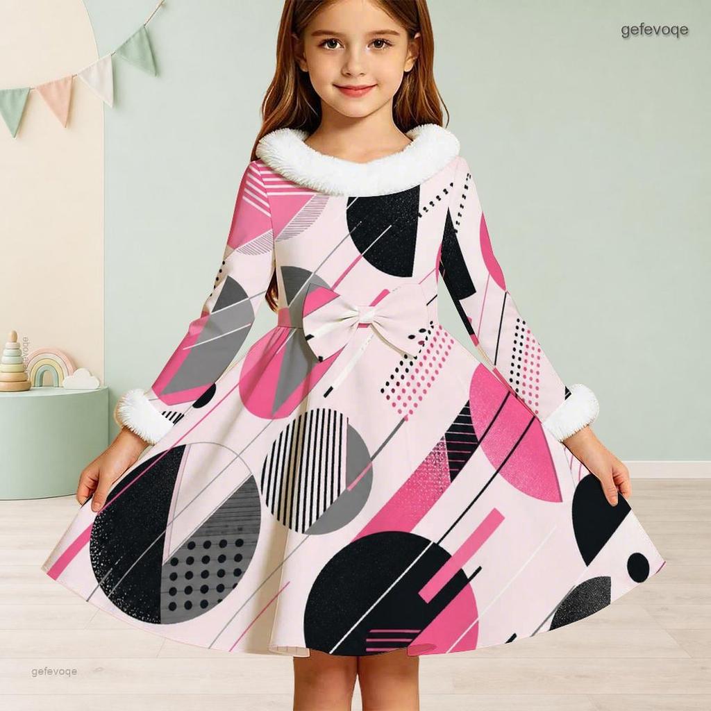 Girls Faux Fur Trim High Neck Long Sleeve Geometric Printed A Line Flared Dress