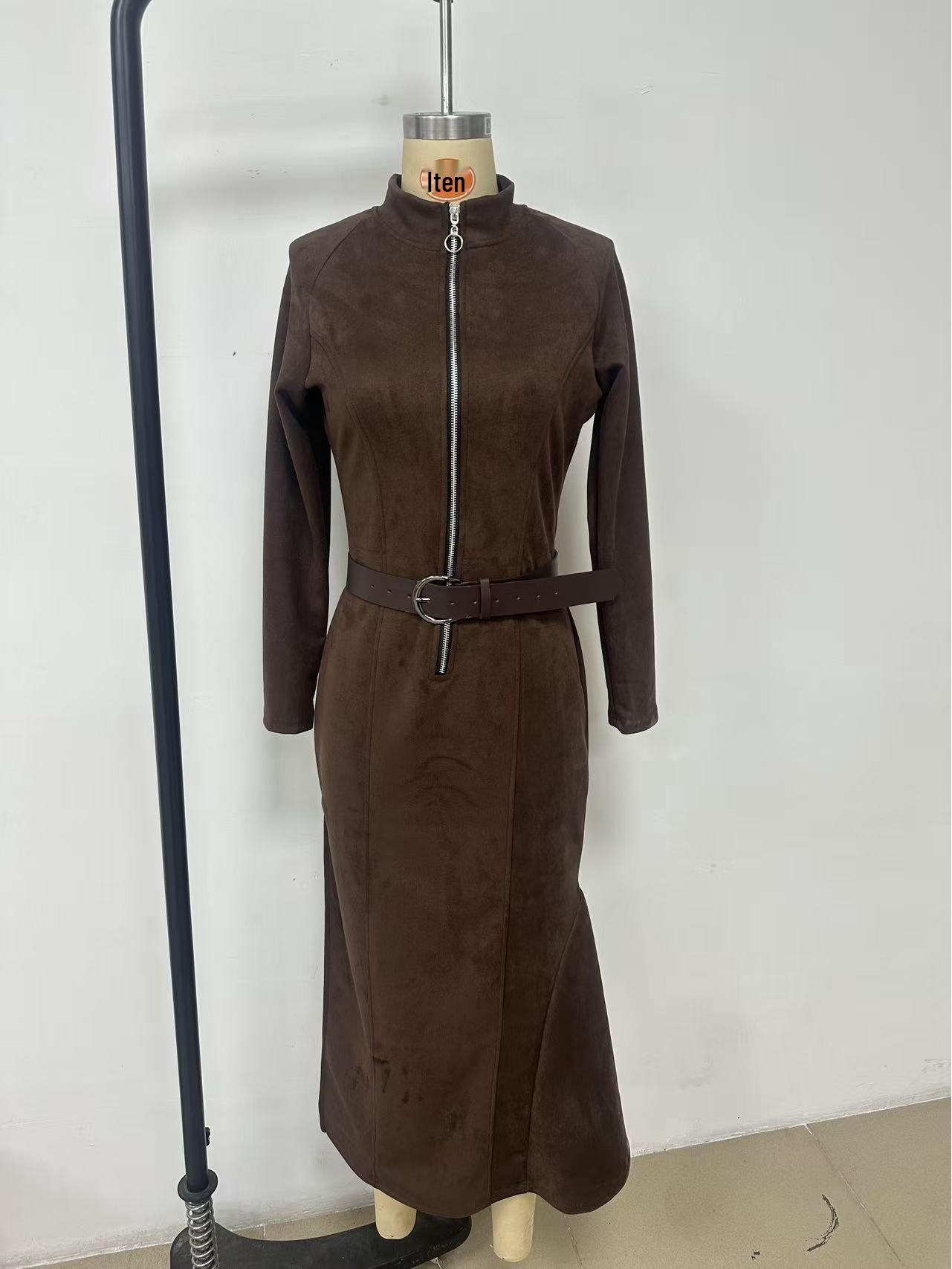 Autumn 2025 High-Quality Double-Sided Cashmere Dress with Zipper Stand Collar - Elegant European & American Style XL