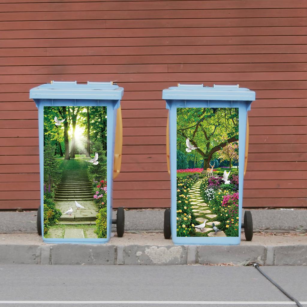 1 Pezzo Adesivo Pattumiera Alberi Verdi a Cascata Autoadesivo Paesaggio Naturale Decalcomania con Scene Vivaci di Foresta, Fiume e Funghi per Giardino Esterno