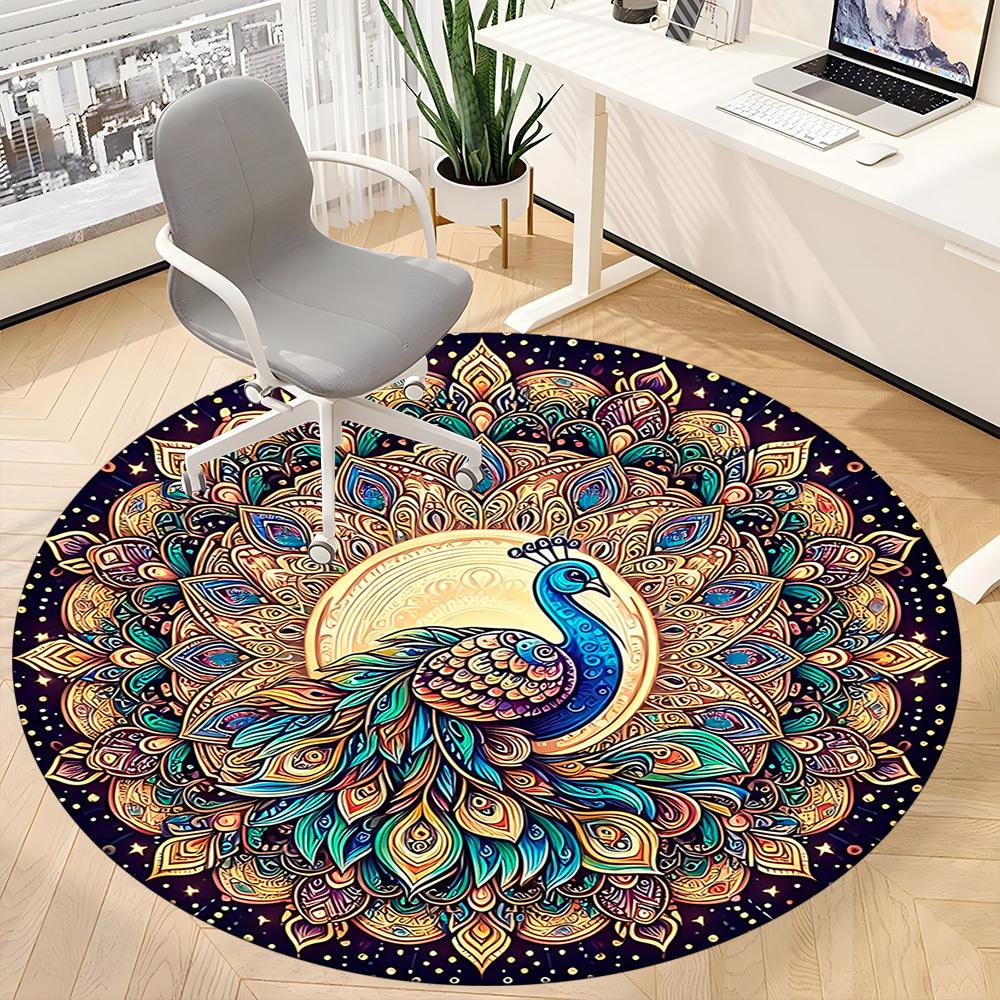 1PC Peacock Mandala Artwork Office Round Rug, Non slip, Soft and Durable Office Rug for Interior Decoration, Perfect for Office