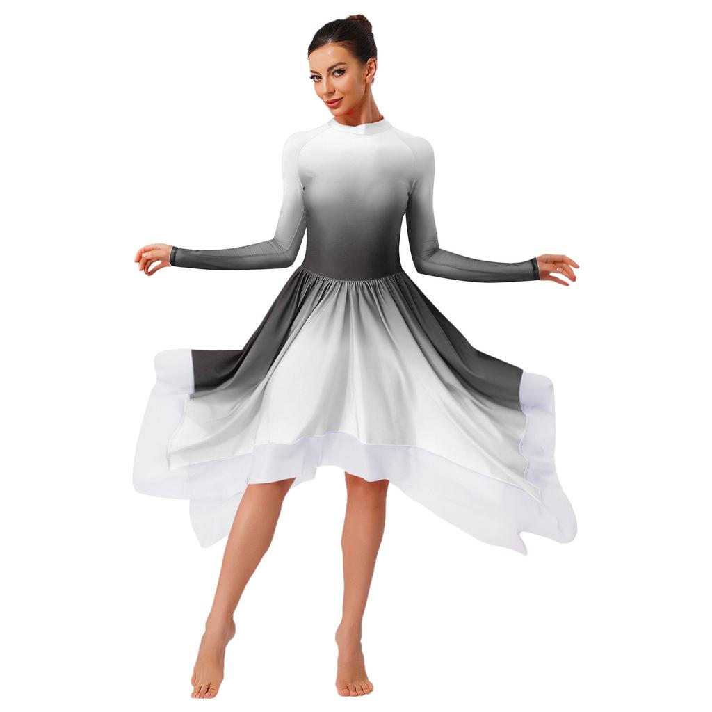 Womens Lyrical Dance Gradient Dress Mesh Long Sleeve Irregular Hem Back Keyhole Leotard Figure Skating Modern Costume