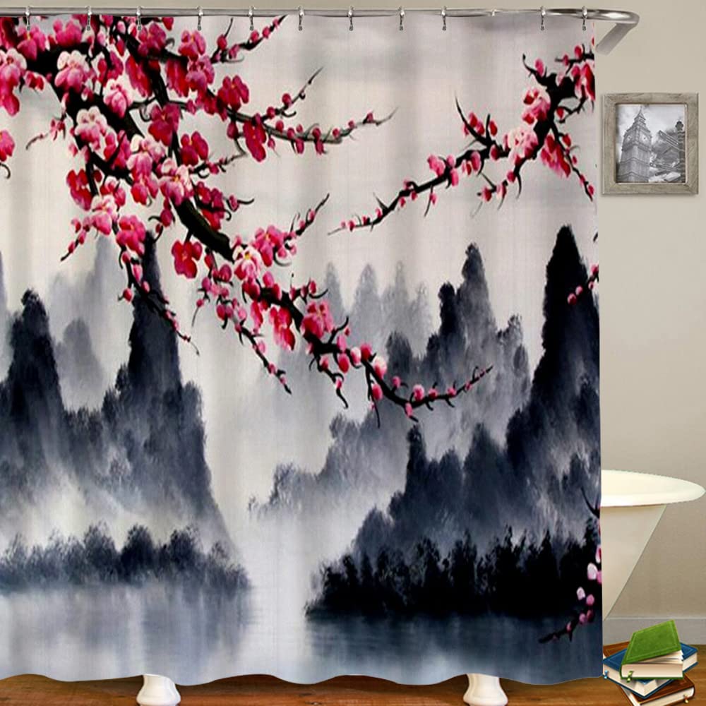 Pink Cherry Blossom Shower Curtain Retro Floral Sakura Plum Blossom Blooming Flower Spring Flower Geometric Bathroom Accessories