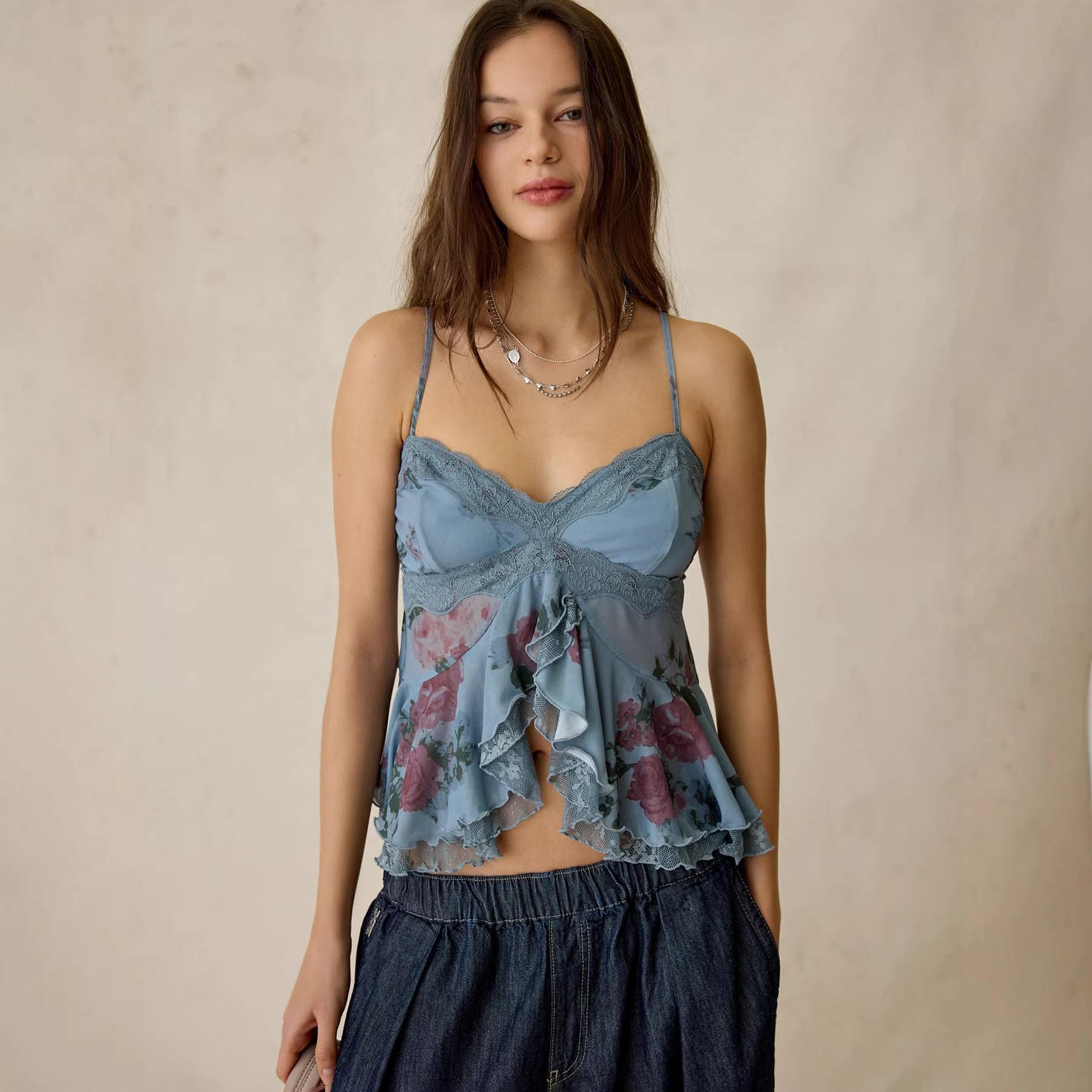 Women s V Neck Floral Lace Camisole Cami Top Sexy Ruffled Sleeveless Blouse XS