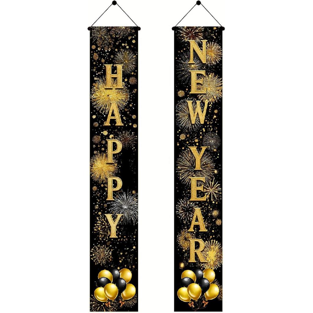 New Year Banners for Outside 12x71 Inches Happy New Year Porch Decorations Gold Letter Door Hanging Signs Party Porch Decor for Indoor Outdoor