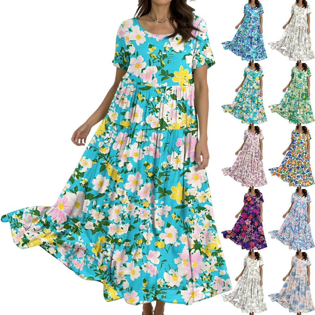 Women's Casual Loose Bohemian Floral Print Short Sleeve Dress