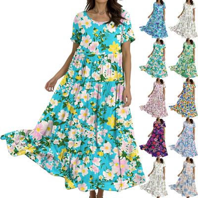 Women's Casual Loose Bohemian Floral Print Short Sleeve Dress