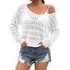 Women’s Long Sleeve Crochet Knit Pullover Sweater Scoop Neck Lightweight Loose Fit Hollow Out Design Top