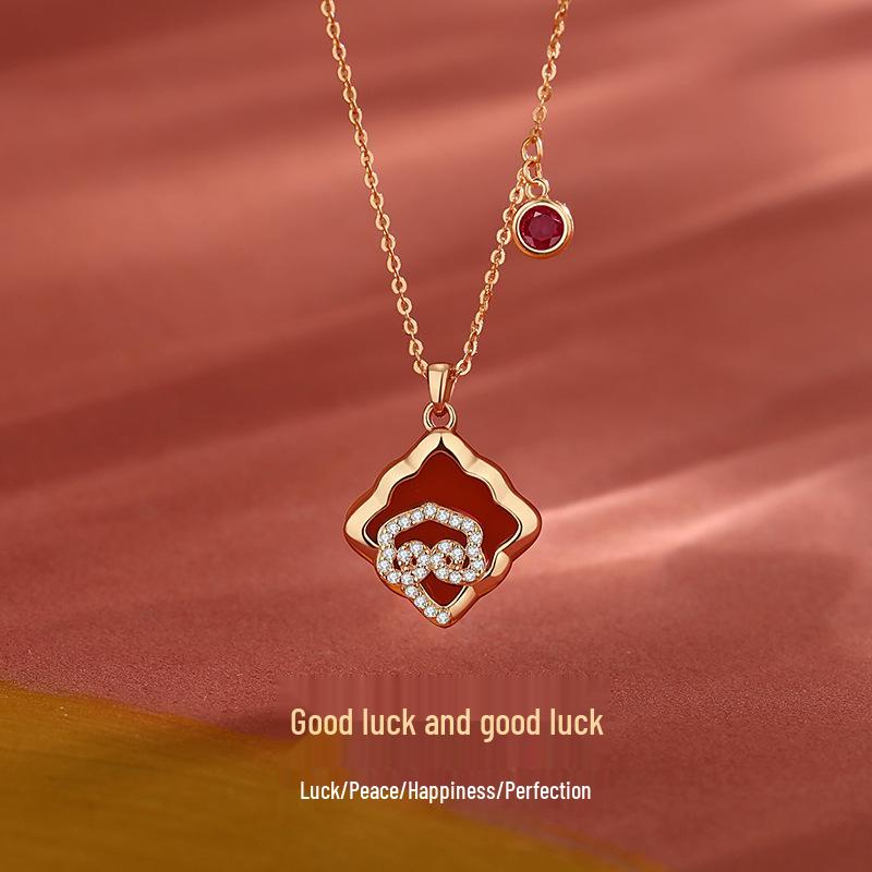 Tichiya Women's Red Agate Four-Leaf Clover Necklace In S925 Sterling Silver with Ruyi Knot Clavicle Chain.