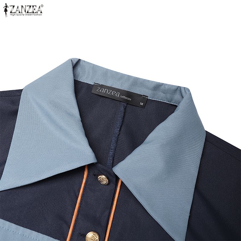 ZANZEA Vestido feminino casual gola virada para baixo solto manga comprida